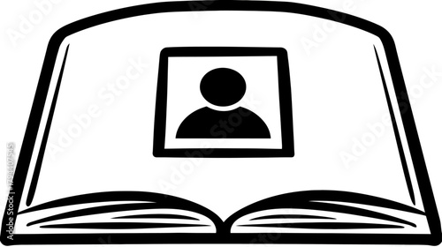 Open Book with User Profile Avatar Icon. Black and White Line Art for Biography, Memoir, Identity, or Social Media Placeholder.