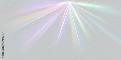 Rainbow crystal star. Crystal ray light, sun shines rainbow red yellow and blue color. Optical fire light effect. Vector lens glare leakage glare reflection effect. Sparkle shine.