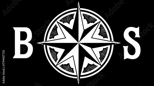 Decorative Compass Rose with B and S Letters Black and White Design. Vintage Nautical Navigation Symbol Graphic Art.