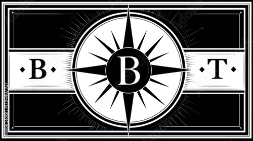 Elegant vintage black and white emblem with a detailed sunburst design, prominent central letter B, and decorative B and T letters framed by a classic banner.