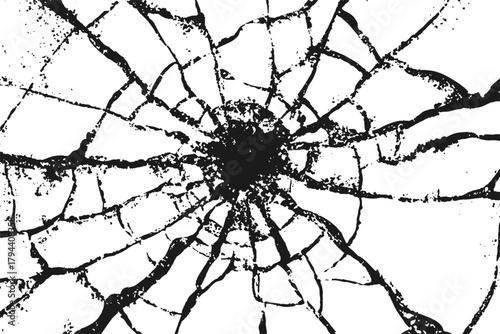 Broken glass texture with central bullet hole effect. Radial cracks and shattered fragments. Vector realistic circular impact for posters, or smartphone screen mockups.