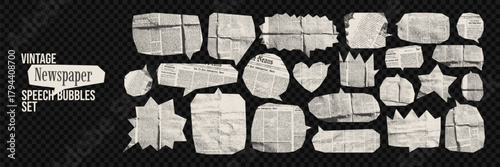 Vintage newspaper speech bubble set with old crumpled texture. Retro comic torn paper cutouts collage design. Grunge craft elements for posters, typography layouts.