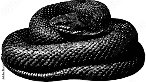 Vintage Engraving of a Coiled Snake in Detailed Black and White Illustration, Serpentine Reptile Wildlife