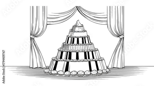 Elegant tiered piano keyboard cake illustration. Black and white musical dessert on a stage with drapes, perfect for celebrations and events.