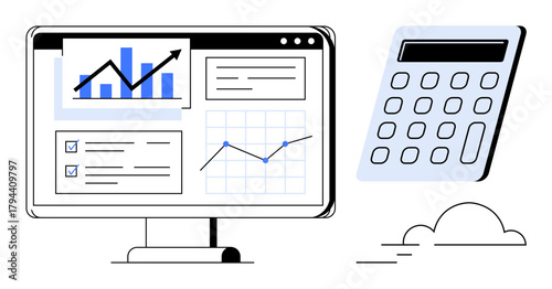 Desktop with statistical visuals, graphs, and documents paired with a calculator. Ideal for business, finance, analytics, planning, data management, productivity precision simple flat metaphor