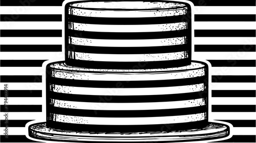 Elegant Two-Tiered Striped Cake Black and White Illustration. Festive Dessert Graphic for Celebrations.
