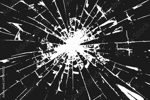 Broken glass burst texture vector background effect. Realistic shattered pattern with radial cracks and sharp fragments. Vector dynamic impact grunge overlay, crash visuals, or bullet hole concept.
