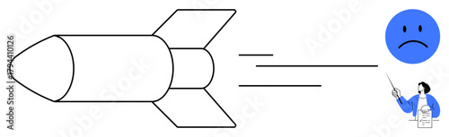 Rocket flying toward a sad face with motion lines as a scientist in a lab coat observes. Ideal for innovation, risk, science, failure, caution, consequences, and problem-solving concepts. Simple flat