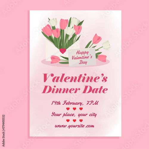 Happy valentine's day dinner date invitation elegant pink spring tulips in envelope romantic vibe