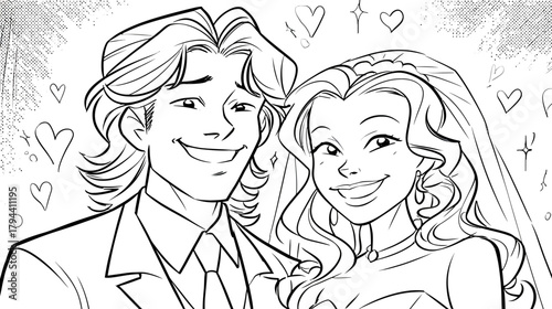Joyful cartoon bride and groom illustration, smiling happy couple on their wedding day, black and white line art for coloring.