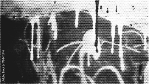 Halftone graffiti paint drip background in black comic tone. Distressed street art texture for poster design, punk template, or retro print.