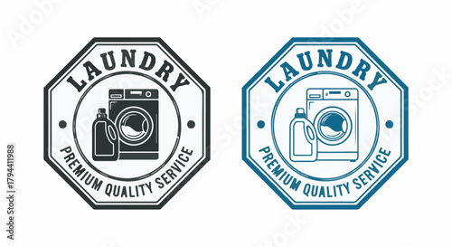 Vintage Laundry Premium Quality Service logo badge design with washing machine and detergent bottle vector.