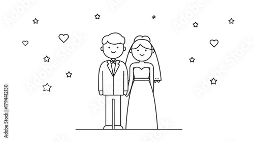 Minimalist outline illustration of a smiling cartoon bride and groom holding hands, perfect for wedding invitations and celebration designs.
