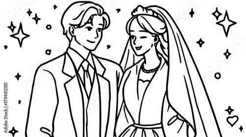 Romantic wedding couple line art illustration for coloring books and invitations, featuring a happy bride and groom with sparkles.