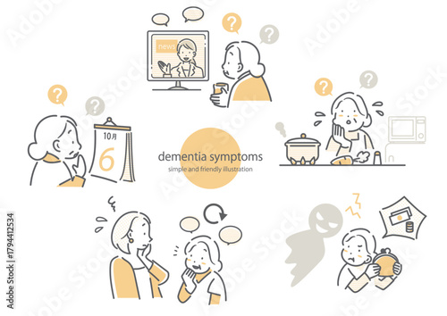 認知症を患うシニア女性のセット　シンプルでお洒落な線画イラスト　