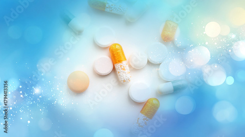 医薬品の開発イメージ：医薬品と抽象背景