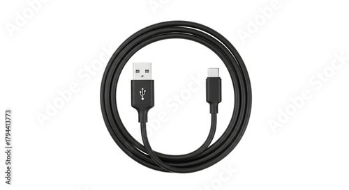 A tangled black usb type a to usb type c charging and data transfer cable isolated on transparent background