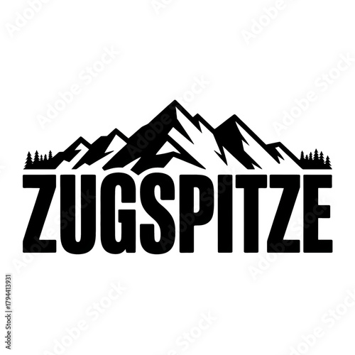 Scenic Zugspitze Mountains logo featuring towering peaks, pine trees, and a winding river