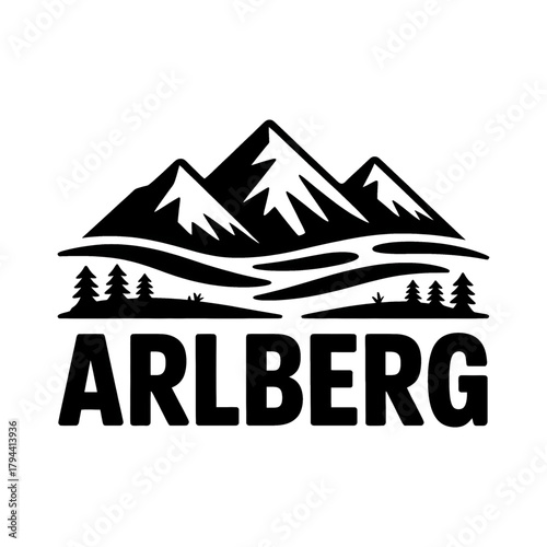 Scenic Arlberg Mountains logo featuring towering peaks, pine trees, and a winding river