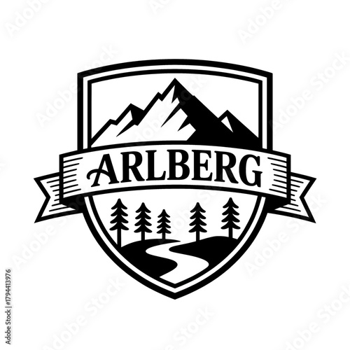 Scenic Arlberg Mountains logo featuring towering peaks, pine trees, and a winding river