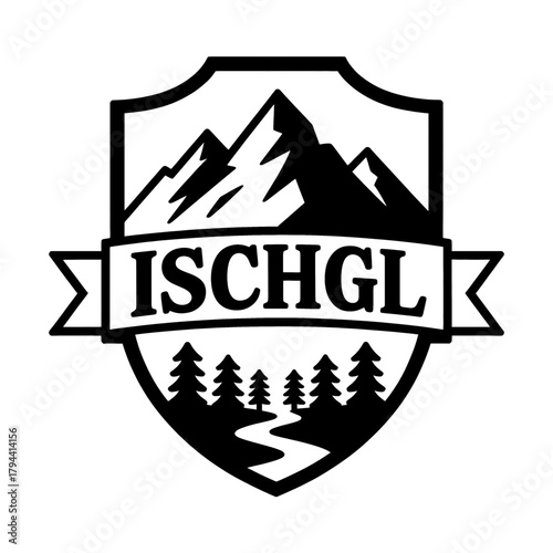 Scenic Ischgl Mountains logo featuring towering peaks, pine trees, and a winding river