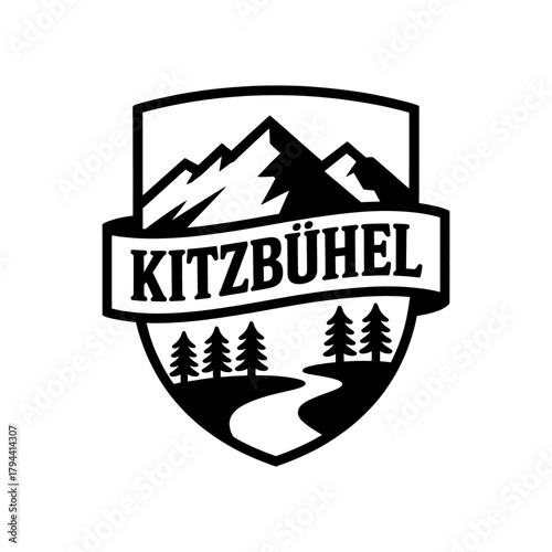 Scenic Kitzbühel Mountains logo featuring towering peaks, pine trees, and a winding river