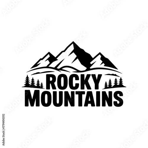 Scenic Rocky Mountains logo featuring towering peaks, pine trees, and a winding river