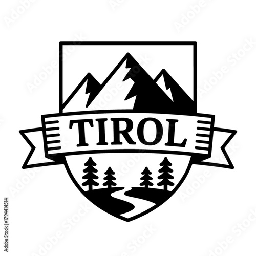 Scenic Tirol Mountains logo featuring towering peaks, pine trees, and a winding river