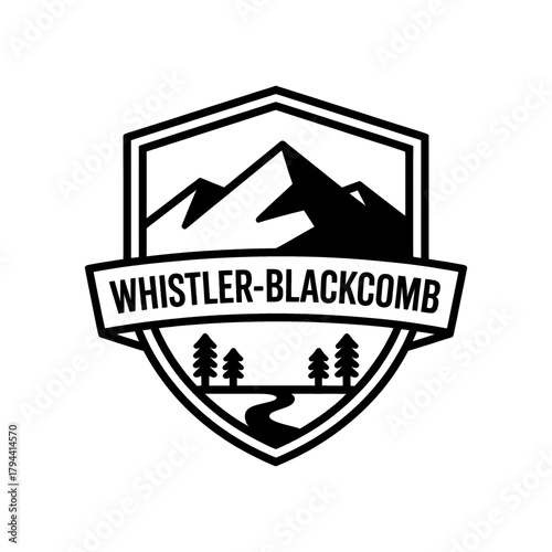 Scenic Whistler-Blackcomb Mountains logo featuring towering peaks, pine trees, and a winding river
