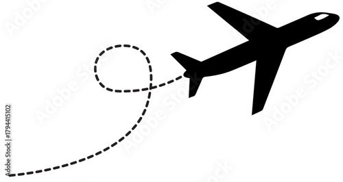 Airplane taking flight with a dotted route for travel, tourism, and vacation planning