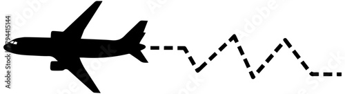 Sleek airplane silhouette flying high with dashed path for travel or tourism visuals