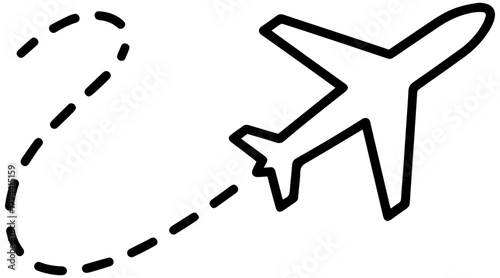 Airplane flying route icon for travel adventure, perfect for flight planning and design