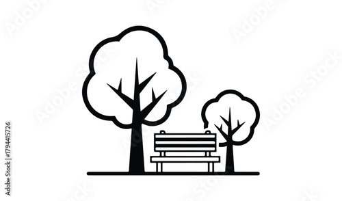 Simple park scene with two trees and a wooden bench