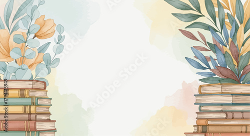Pastel watercolor background illustration with stacked books, floral elements, and blank copy space
