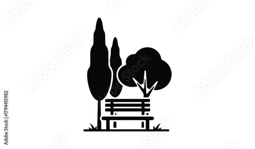 Park bench silhouette with trees and grass in a simple illustration