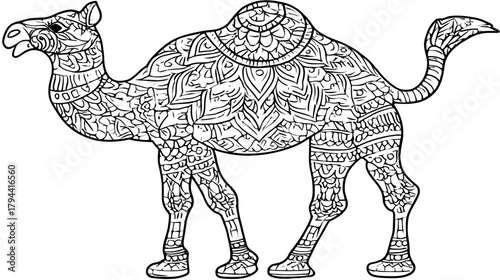 Intricate Camel Line Art Illustration. Detailed Desert Animal Drawing with Mandala Patterns for Adult Coloring Book or Design.