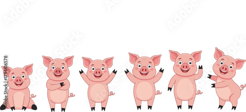 Cute Cartoon Pink Pigs Vector Illustration Set, Happy Farm Animal Characters in Various Poses