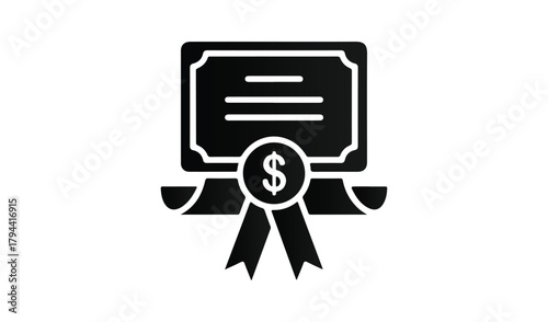 Black and white icon of a certificate with a dollar sign and ribbon