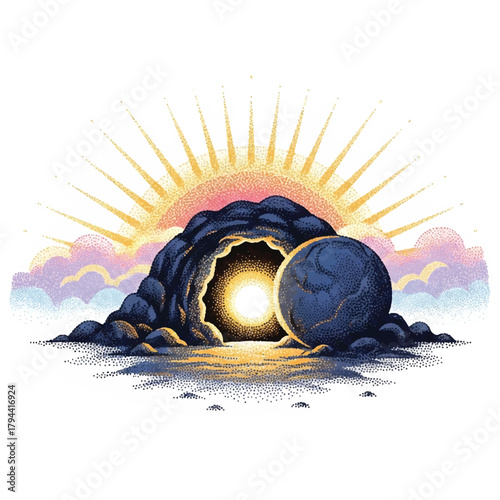 Illustration depicting the empty tomb of Jesus Christ with a rolled-away stone, bright light emanating from within, and a radiant sunrise.