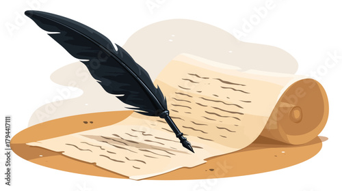 Vintage black feather quill pen on aged, rolled parchment scroll. Concept of writing, literature, history, education, storytelling, and communication.