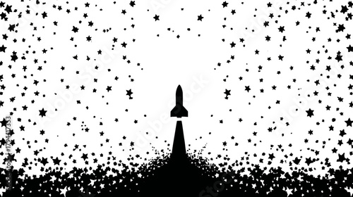 Black and white silhouette of a rocket taking off into a vast starry sky, representing ambition, innovation, and space exploration.