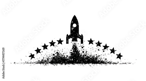 Distressed black rocket launch icon with stars and grunge explosion trail. Graphic concept for success, innovation, startup, space exploration.