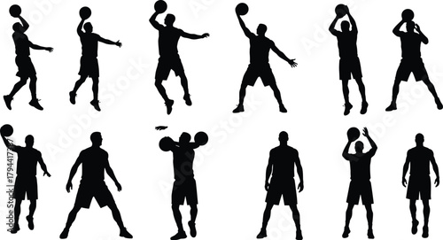 Silhouette of basketball players performing dynamic moves, throwing, catching, jumping, shooting ball, training, sports action illustration, fitness and motion concept