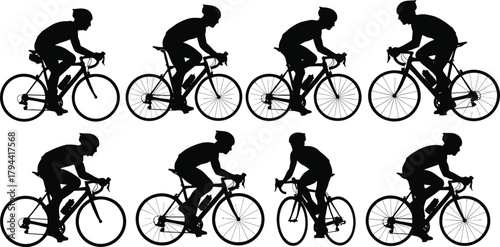 Silhouette of cyclists riding racing bicycles, group of people cycling together, sports training, fitness exercise, healthy active outdoor lifestyle
