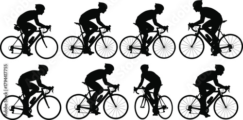 Silhouettes of cyclists riding bicycles in motion, group of people cycling together, fitness training, outdoor sport, healthy active lifestyle
