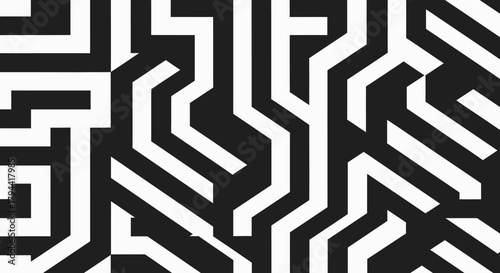 Abstract black and white geometric pattern with interconnected lines and shapes, creating a complex visual texture.
