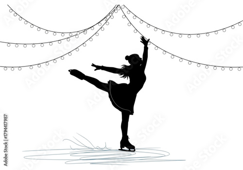 Artistic black silhouette of a female ice skater in motion.