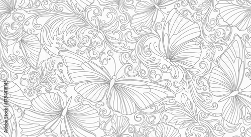 Elegant seamless pattern of intricate line art butterflies and swirling floral filigree on a white background.