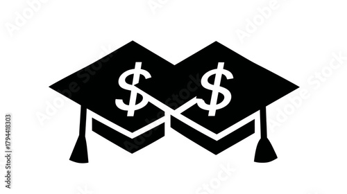 Education Costs Icon. Graduation Caps with Dollar Signs. Student Loans, Tuition Fees, Financial Aid, College Debt Symbol