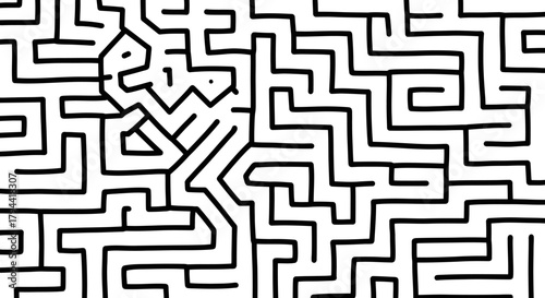 A stylized human figure trapped inside a complex black and white line art maze.